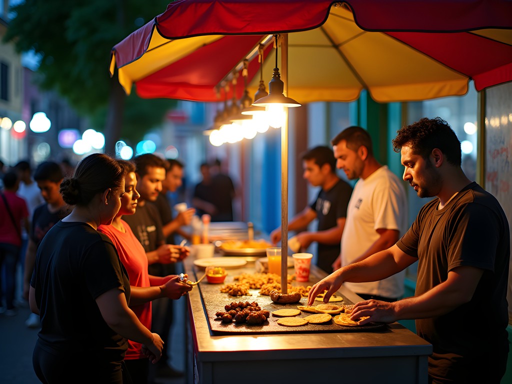 Busy authentic taco stand with locals lining up in Mexico City evening scene