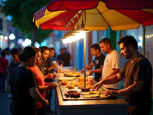 Busy authentic taco stand with locals lining up in Mexico City evening scene
