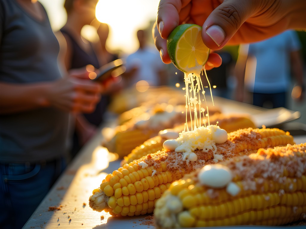 Street vendor preparing elotes (Mexican street corn) with traditional toppings in Mexico City