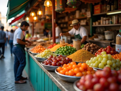 Colorful food stalls at Mercado de Coyoacán with various Mexican street foods on display