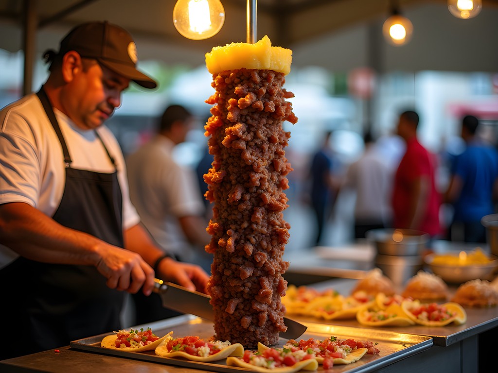 Authentic tacos al pastor being sliced from trompo in Mexico City street stand