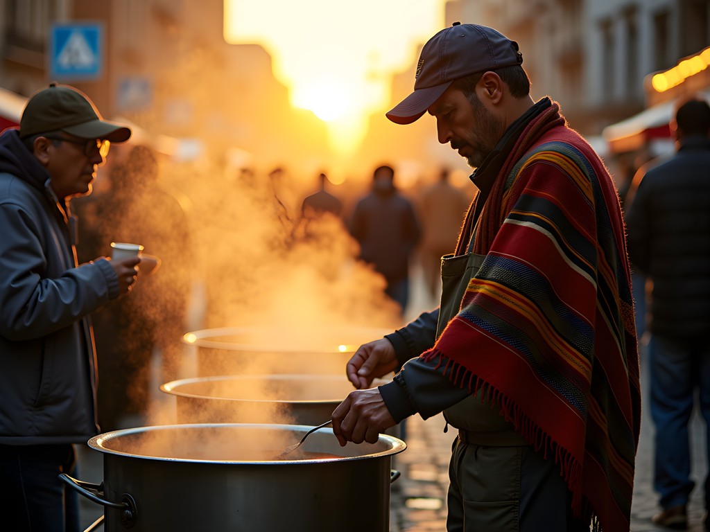 Early morning tamale vendor with steaming pots in Mexico City street scene