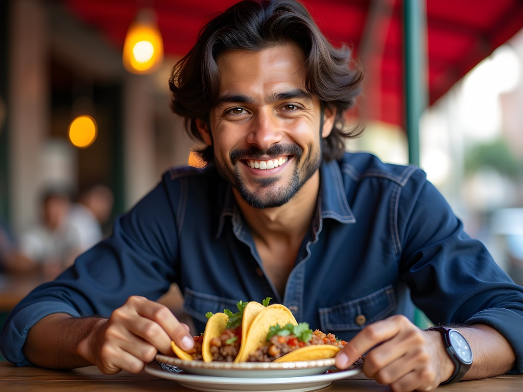 Travel blogger Edward Sanchez enjoying authentic street tacos in Mexico City