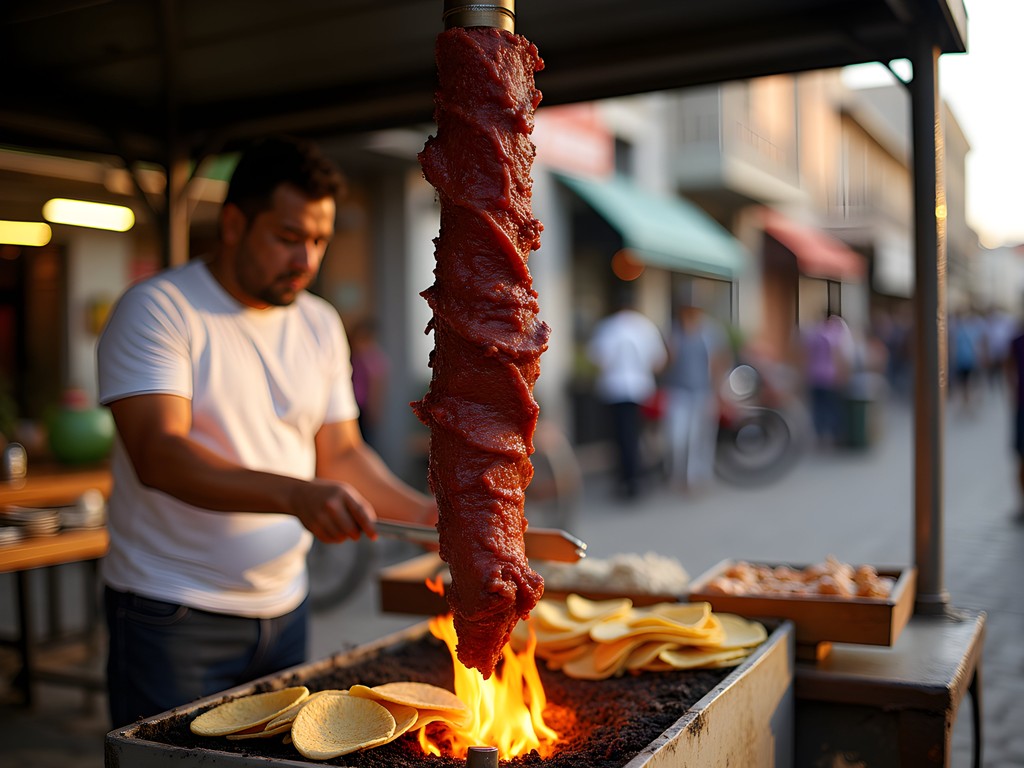 Traditional al pastor tacos being prepared at a street stand in Mexico City