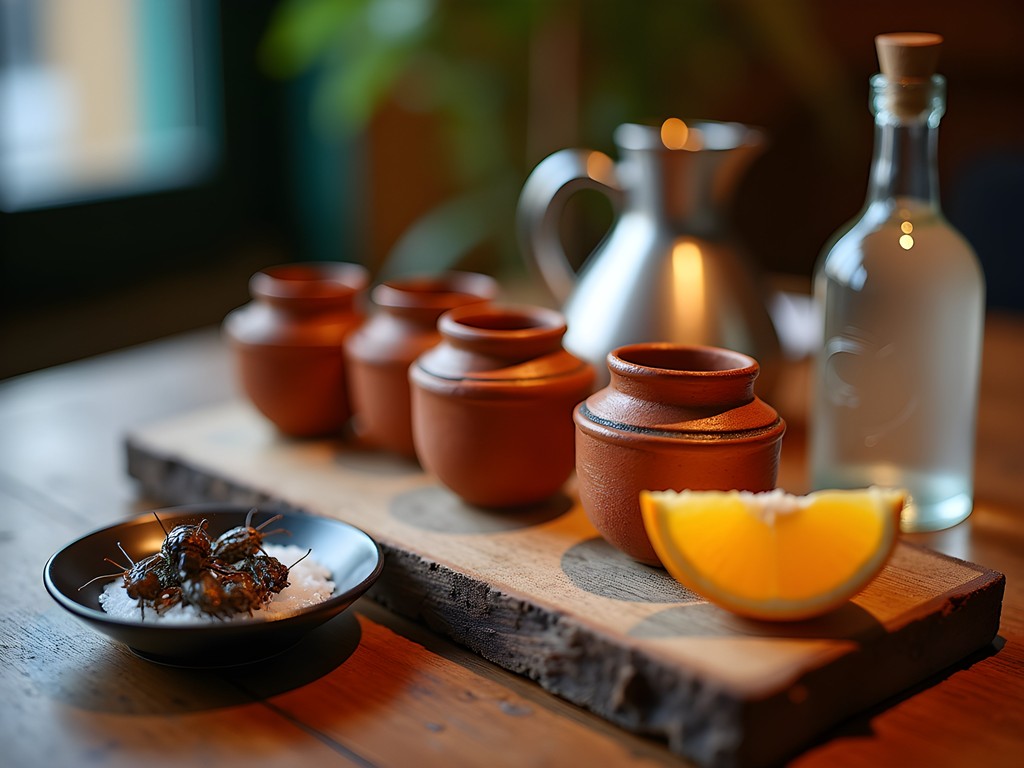 Traditional mezcal tasting with clay copitas and accompaniments in Mexico City