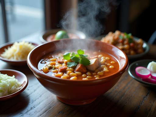 Traditional red pozole soup with garnishes in a ceramic bowl in Mexico City