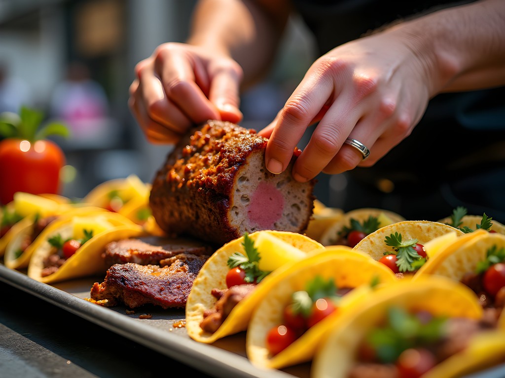 Vibrant al pastor tacos being prepared at a Mexico City street stand