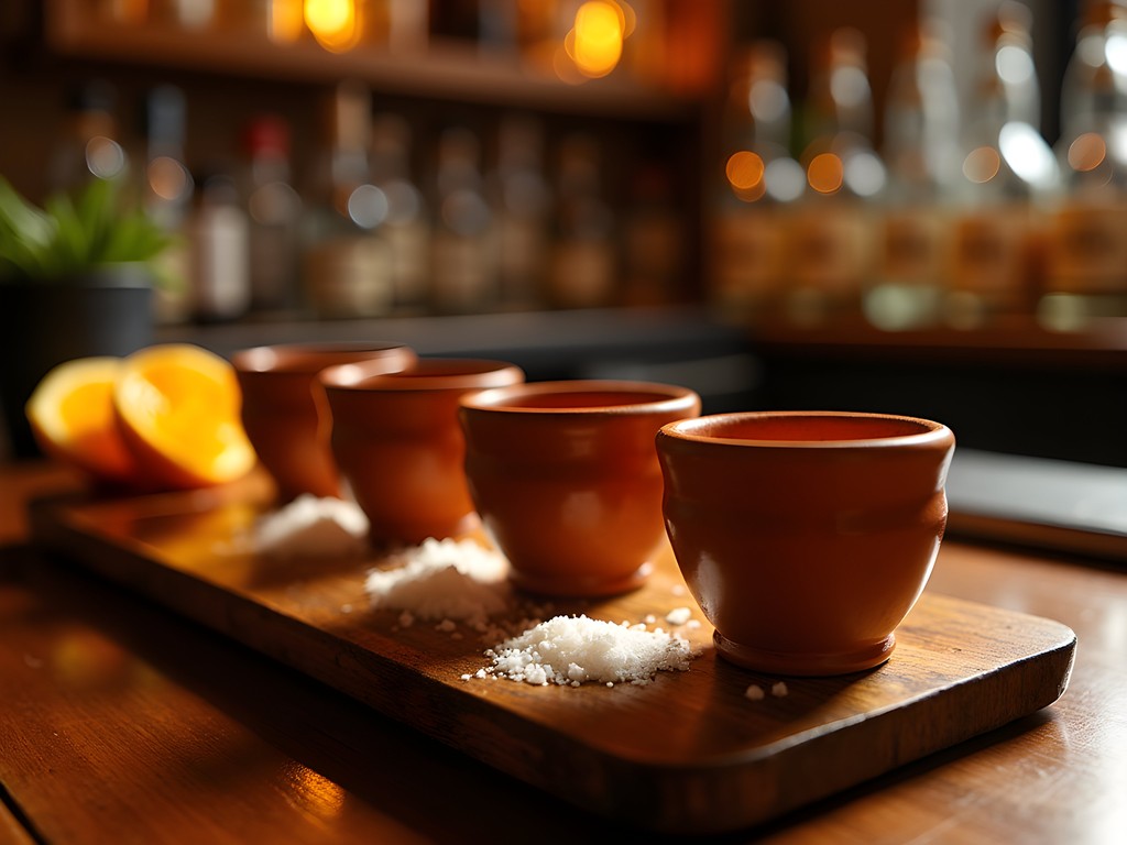 Mezcal tasting experience with traditional vessels in a Mexico City mezcaleria