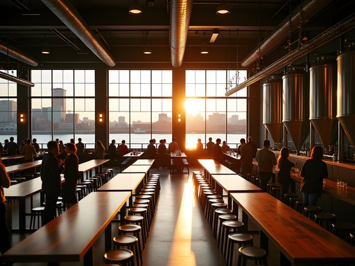 Lakefront Brewery's riverside beer hall with sunset views over the Milwaukee River