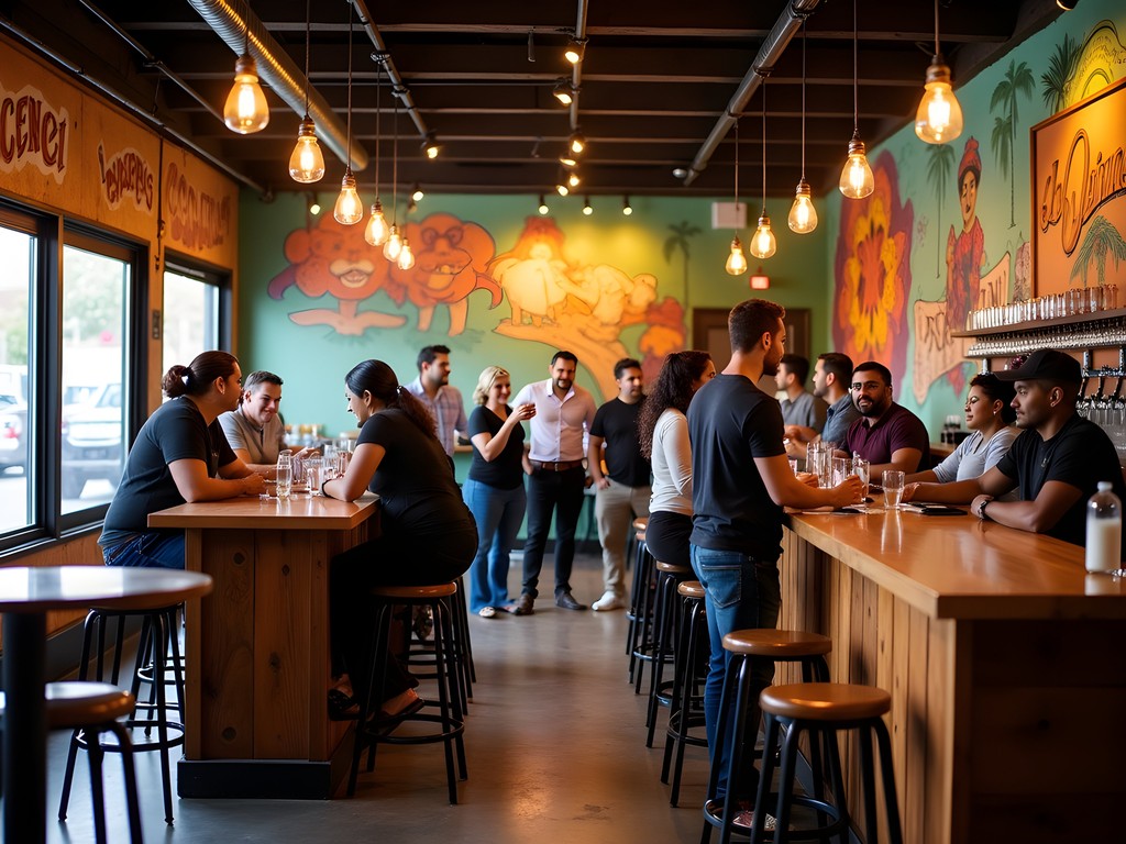 Colorful taproom at La Doña Cervecería with Latin artwork, craft beer, and cultural activities