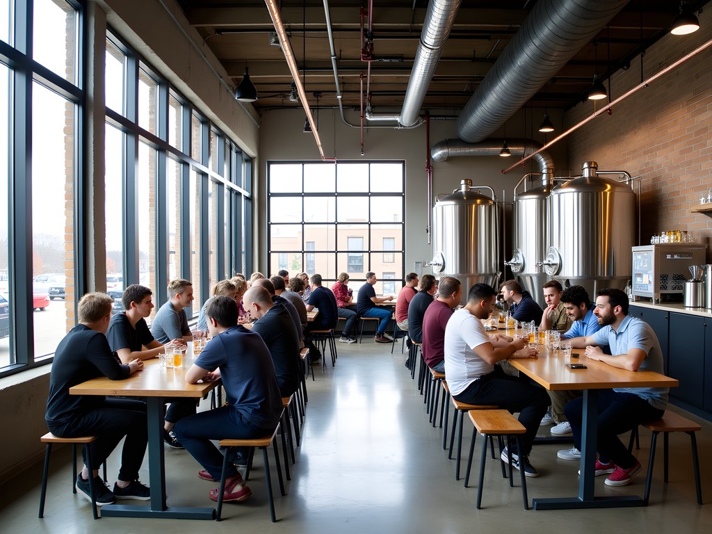 Modern industrial taproom at Modist Brewing with brewing equipment visible through glass walls