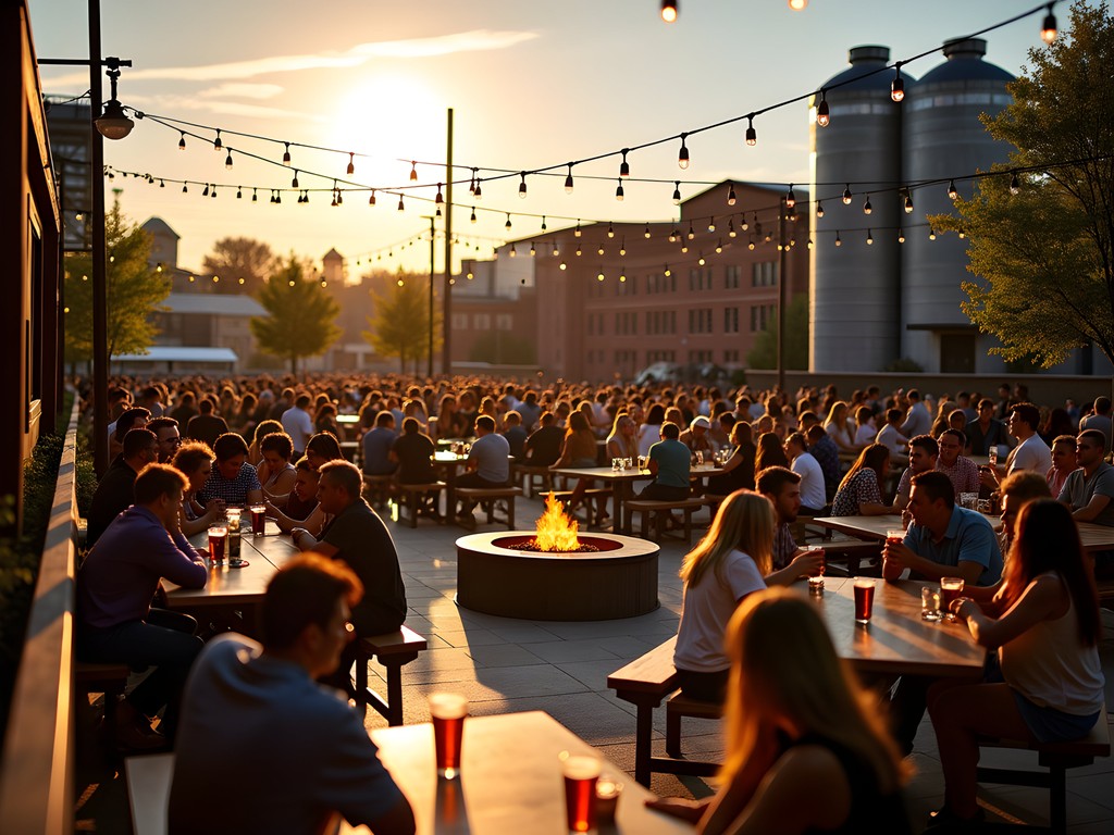Expansive outdoor beer garden at Surly Brewing with industrial brewery backdrop and groups enjoying craft beer