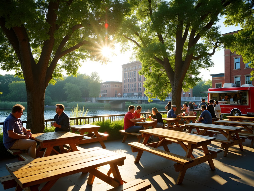 Scenic outdoor beer garden at Utepils Brewing with creek views and people enjoying craft beer