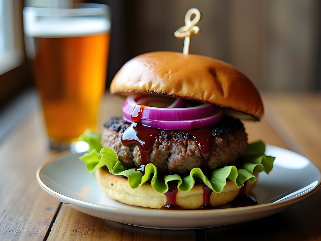 Gourmet bison burger with huckleberry BBQ sauce on rustic wooden table in Missoula restaurant
