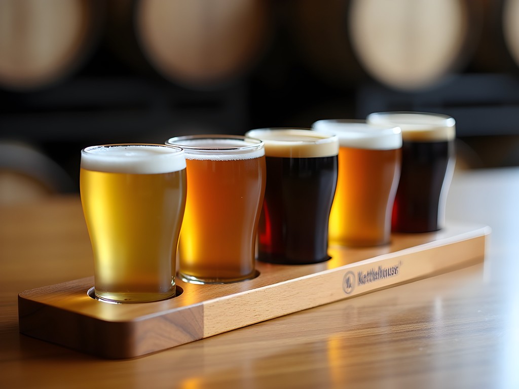Flight of craft beer samples at KettleHouse Brewing Company in Missoula