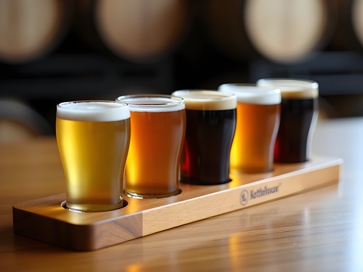 Flight of craft beer samples at KettleHouse Brewing Company in Missoula