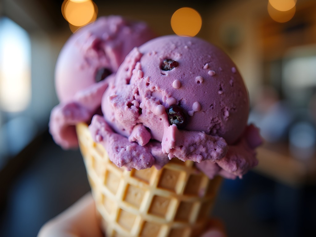 Vibrant purple huckleberry ice cream cone from Big Dipper Ice Cream in Missoula