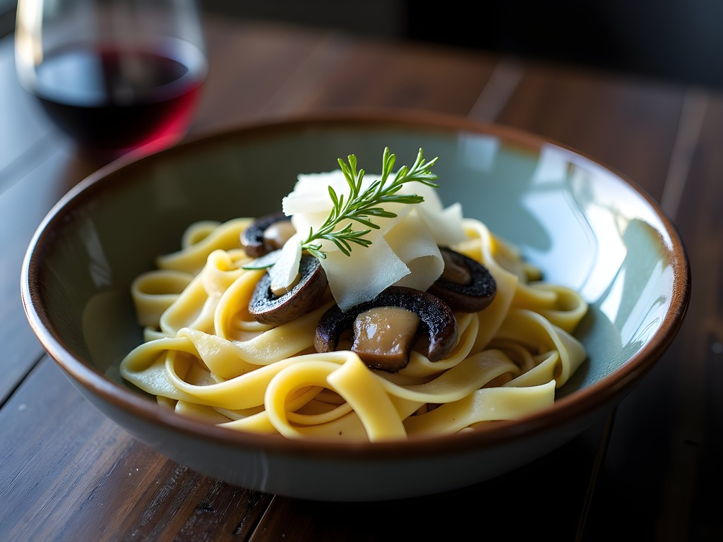 Handmade pappardelle pasta with foraged morel mushrooms in cream sauce at Plonk Wine Bar