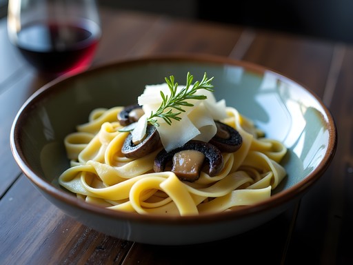 Handmade pappardelle pasta with foraged morel mushrooms in cream sauce at Plonk Wine Bar