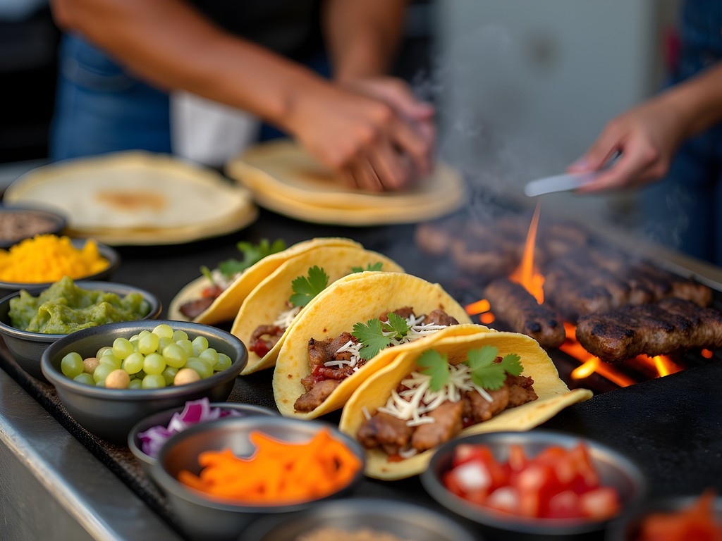 Colorful street tacos being prepared at Mercado Juárez in Monterrey