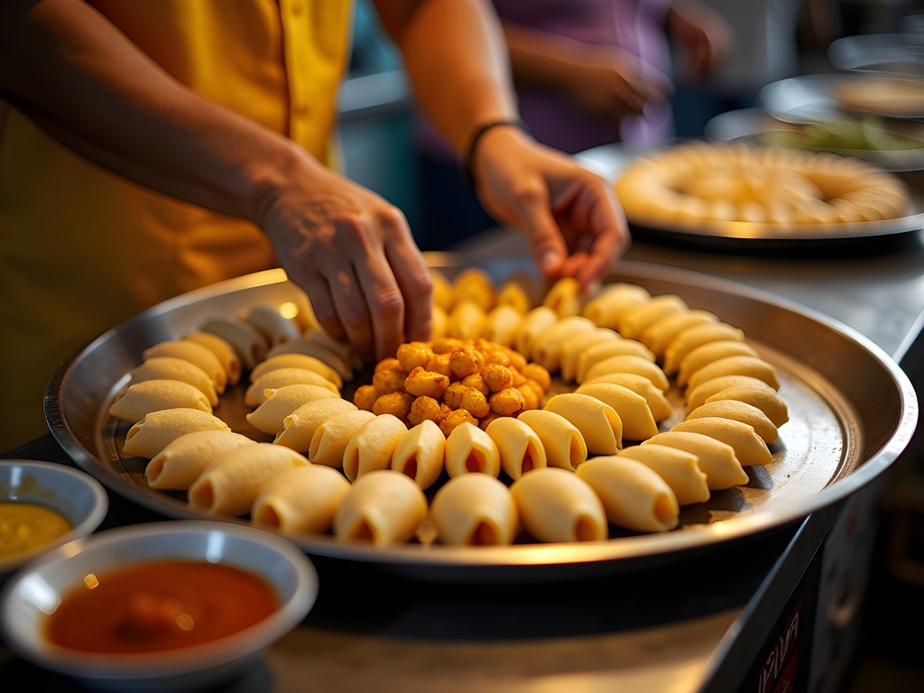Vendor preparing pani puri with geometric precision at Elco Market in Bandra Mumbai