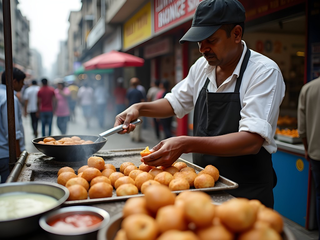 Vada pav vendor serving Mumbai's iconic street food sandwich on Linking Road