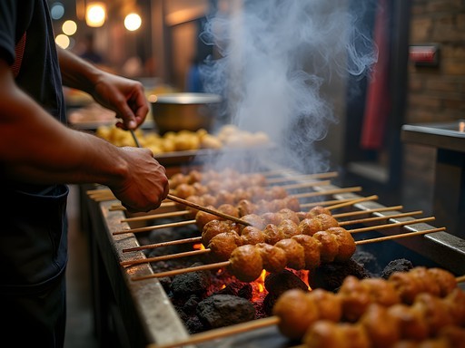 Kebab vendor grilling seekh kebabs on open flame at Mohammed Ali Road Mumbai