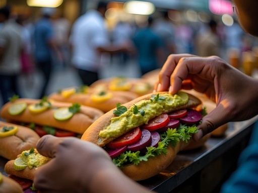 Mumbai sandwich vendor creating multi-layered vegetable sandwich in Khau Galli food lane
