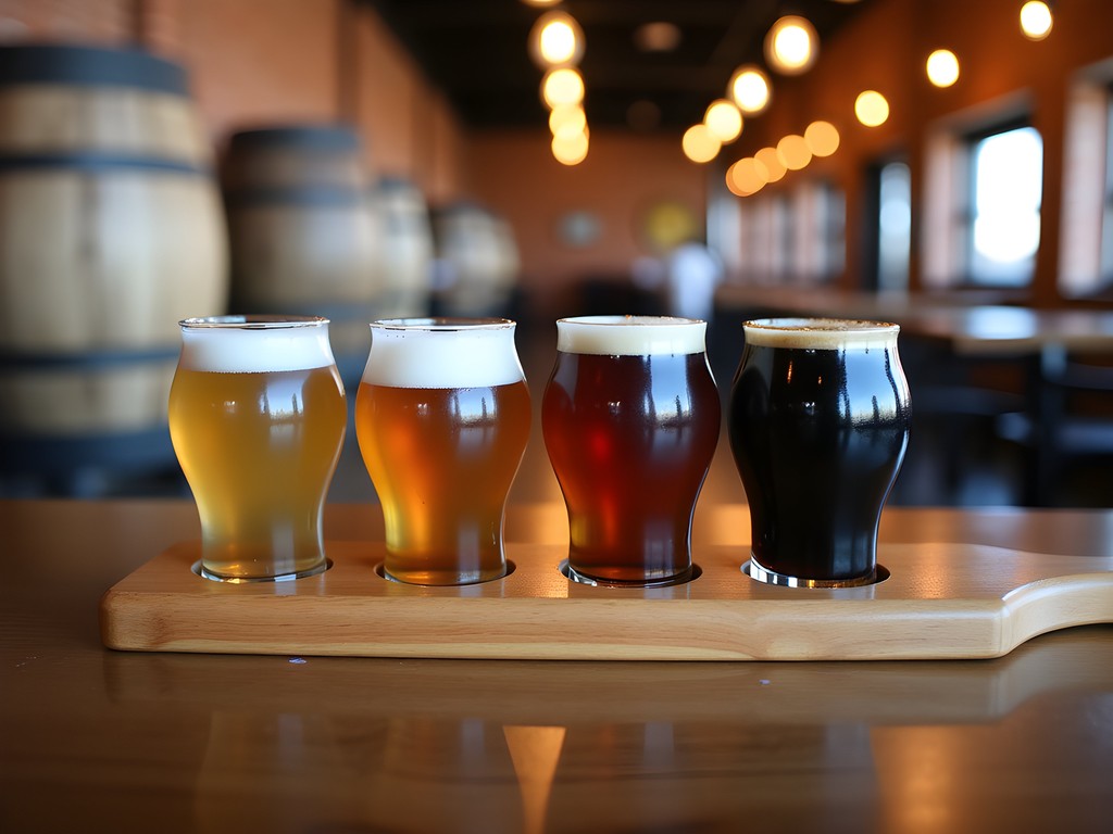 Artfully arranged craft beer flight at Guardian Brewing Company in Muncie with rustic interior background