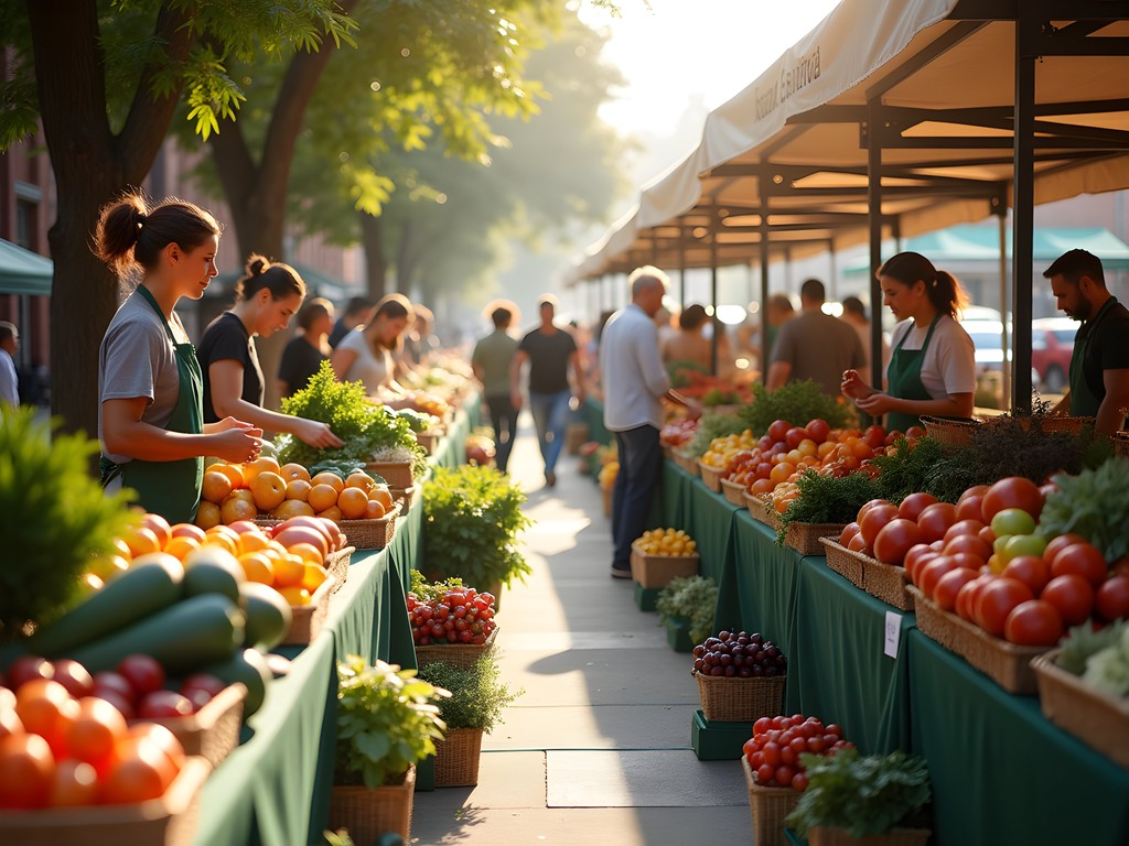 Colorful organic produce display at Muncie Farmers Market with local vendors and shoppers
