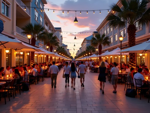 Outdoor dining scene at Market Common district in Myrtle Beach with string lights and diverse restaurants