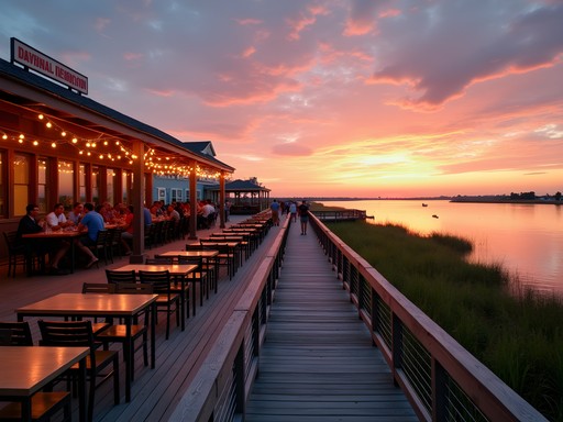 Waterfront dining scene at MarshWalk in Murrells Inlet near Myrtle Beach at sunset