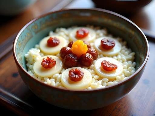 Traditional eight treasures rice pudding with decorative pattern of fruits and seeds
