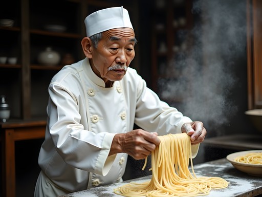 Master noodle maker hand-pulling traditional Pidu noodles in Nanjing