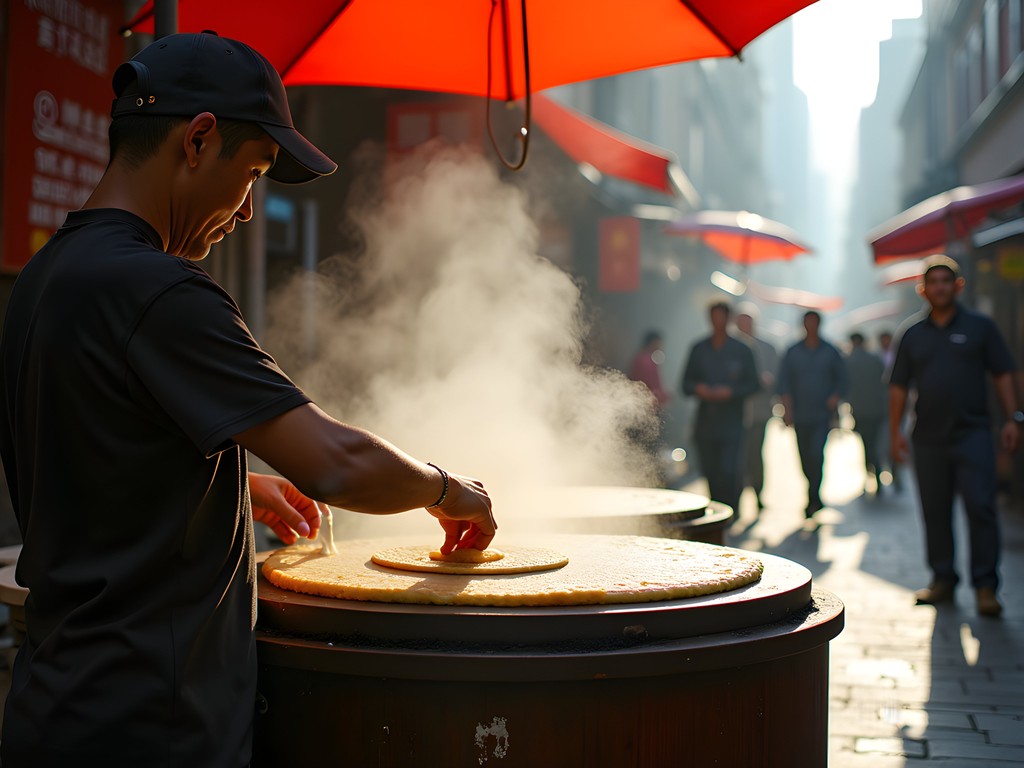 Traditional Nanjing street food vendor making sesame pancakes in clay oven