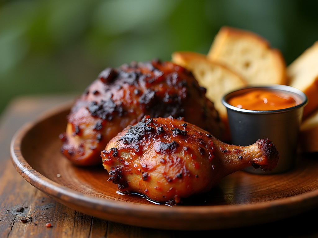 Traditional Jamaican jerk chicken with festival bread and scotch bonnet sauce