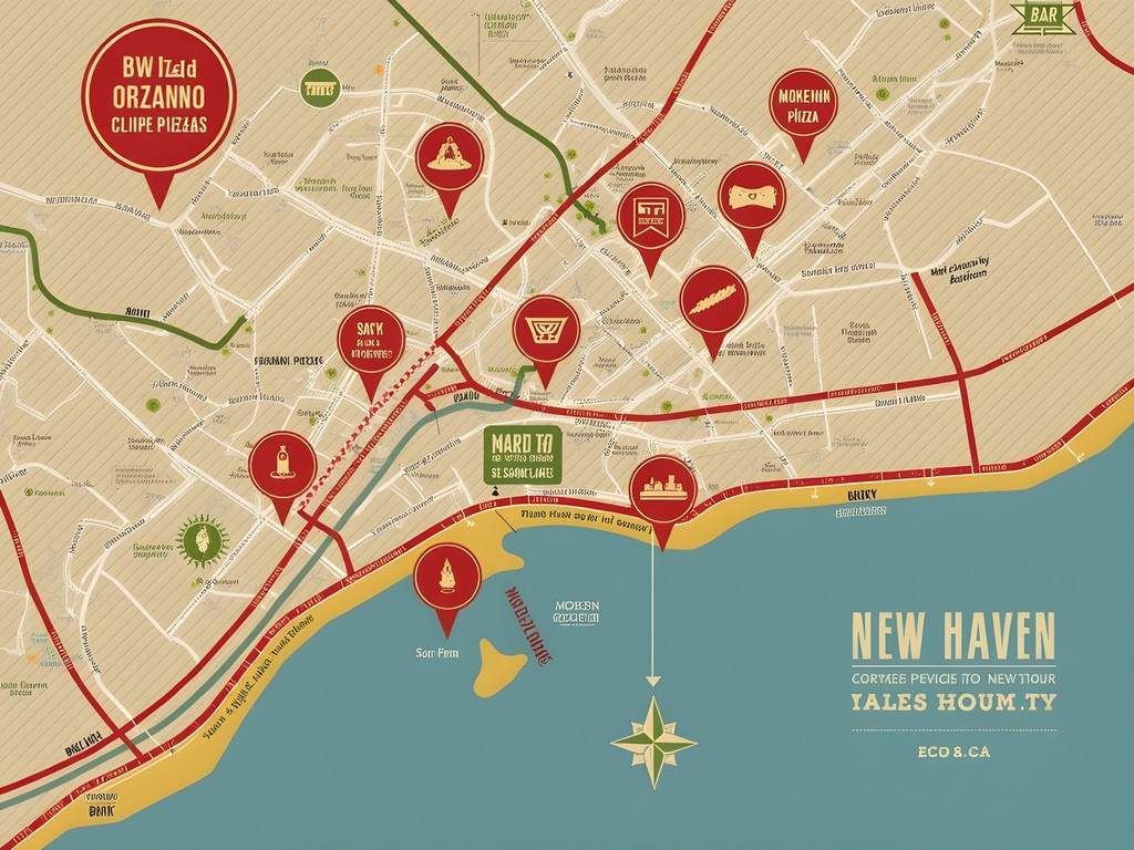 Map of New Haven showing the locations of major pizzerias for a pizza crawl itinerary