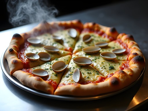 Famous white clam pizza from Frank Pepe's with fresh clams and charred crust