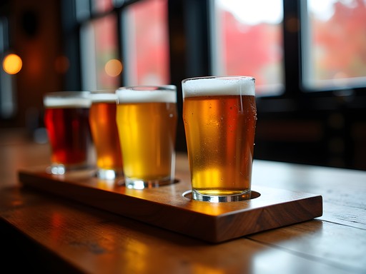 Craft beer flight with fall foliage visible through brewery windows