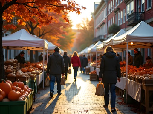 Colorful fall produce at New Haven Farmers Market with historic buildings in background