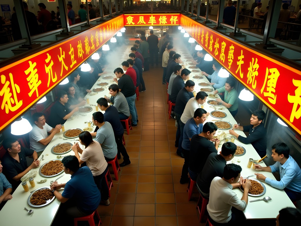 Bustling food court in Flushing Queens with diverse Asian food stalls