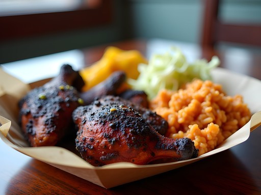 Authentic jerk chicken with sides at Peppa's in Brooklyn
