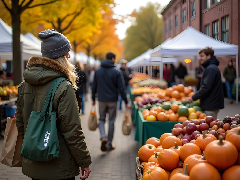 Vibrant fall produce at Newark Farmers Market with students shopping