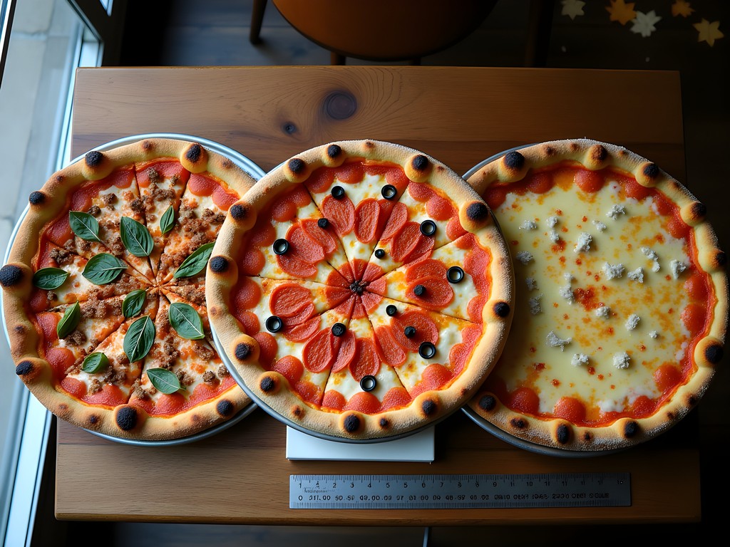 Various pizza styles available in Newark, Delaware with measuring tools for scale