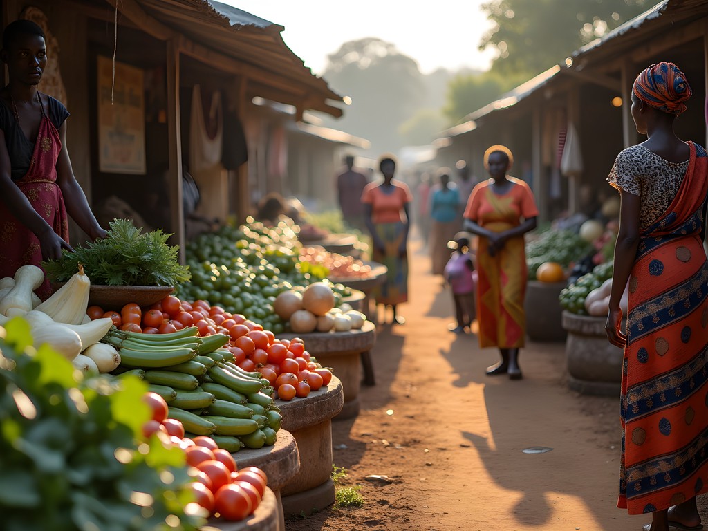 Early morning scene at Ngozi Central Market with vendors setting up colorful produce stalls