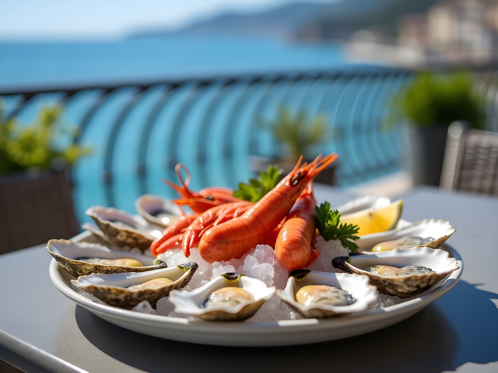 Elegant seafood platter with Mediterranean Sea view in Nice, France