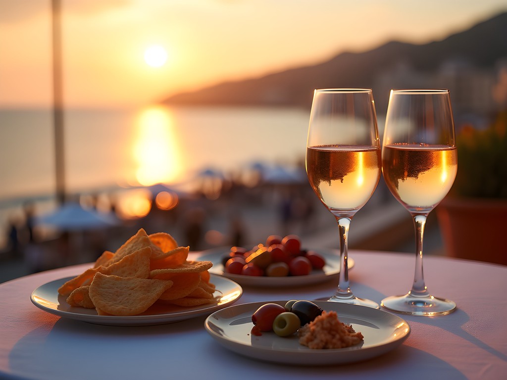 Sunset aperitif scene with wine glasses and Mediterranean view in Nice