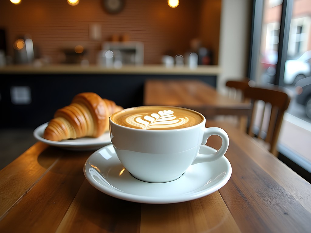Artfully prepared latte with latte art at Café Stella in Norfolk with pastries in background