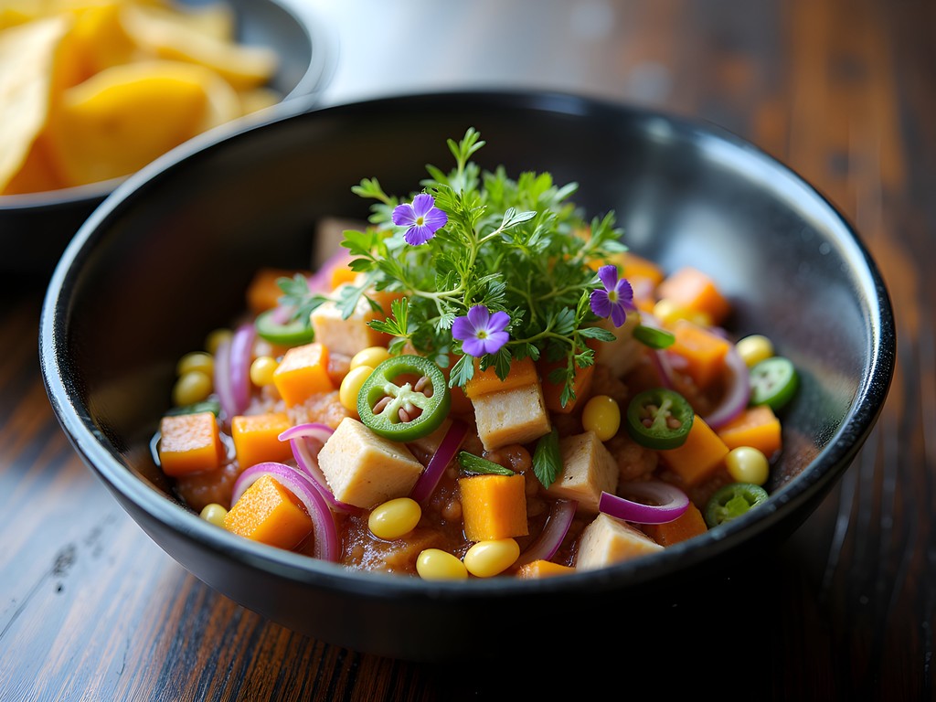 Colorful Peruvian-Japanese fusion ceviche dish with vibrant garnishes from Crudo Nikkei in Norfolk