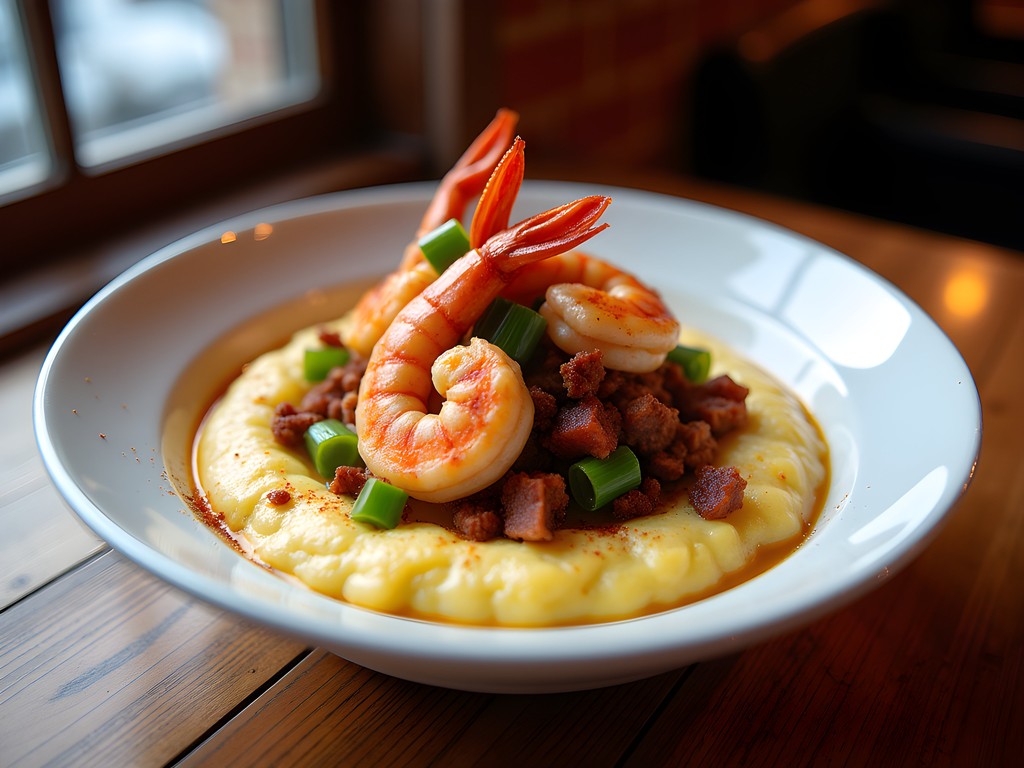 Close-up of shrimp and grits with colorful garnishes at a Norfolk restaurant
